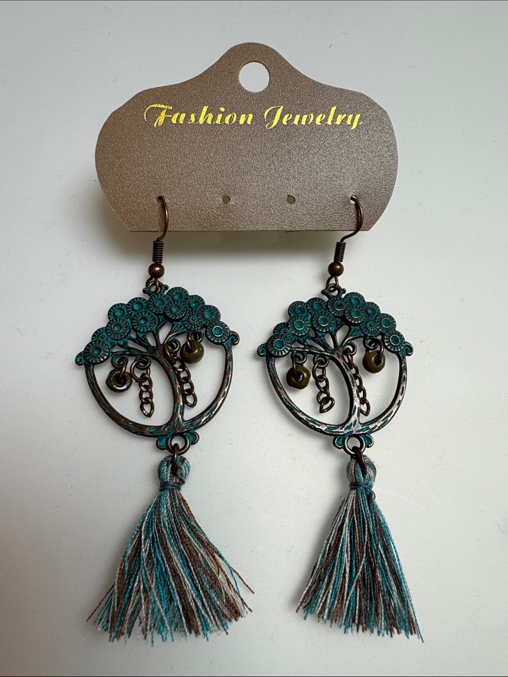 Tree of Life Teal & Brown Tassel Dangle Wire Earrings